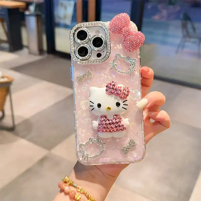 Cartoon Diamond 3D Bow Kitty iPhone Case Bling Glitter Clear Back Cover With Phone Charm 6 cp Cartoon Diamond 3D Bow Kitty iPhone Case Bling Glitter Clear Back Cover With Phone Charm