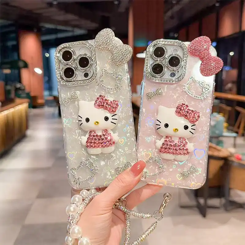 Cartoon Diamond 3D Bow Kitty iPhone Case Bling Glitter Clear Back Cover With Phone Charm 7 cp Cartoon Diamond 3D Bow Kitty iPhone Case Bling Glitter Clear Back Cover With Phone Charm