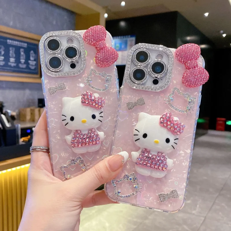Cartoon Diamond 3D Bow Kitty iPhone Case Bling Glitter Clear Back Cover With Phone Charm 9 cp Cartoon Diamond 3D Bow Kitty iPhone Case Bling Glitter Clear Back Cover With Phone Charm