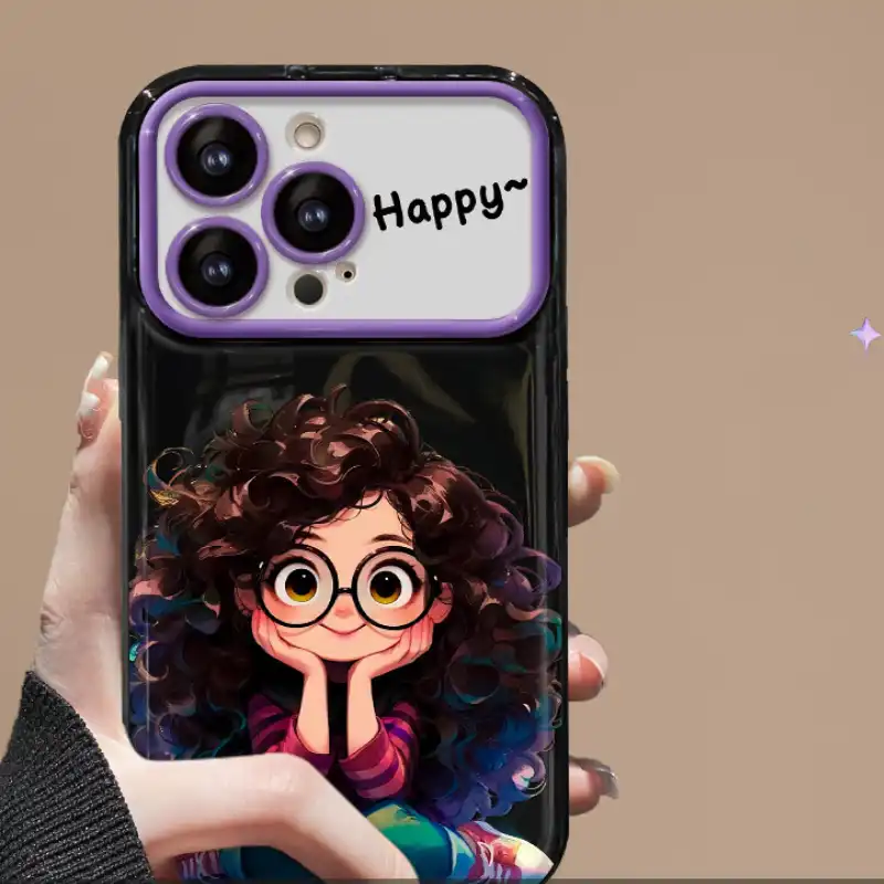 Curly Haired Girl Pendant iPhone Case With Flip Makeup Mirror Lens Protector Back Cover