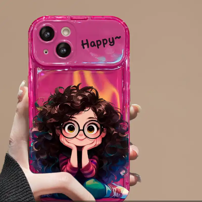 Curly Haired Girl Pendant iPhone Case With Flip Makeup Mirror Lens Protector Back Cover