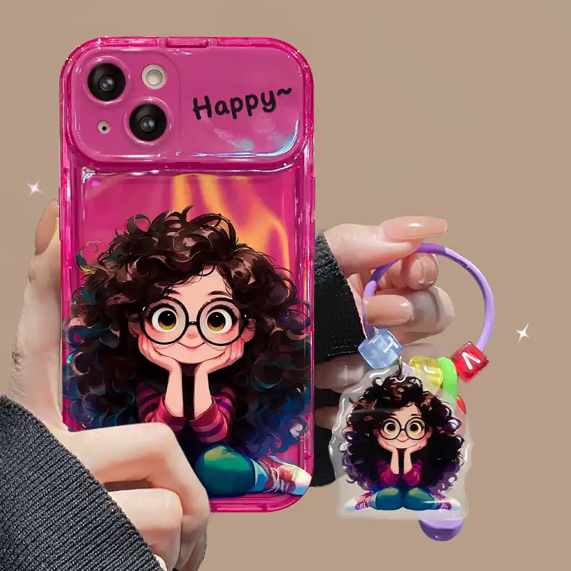 Curly Haired Girl Pendant iPhone Case With Flip Makeup Mirror Lens Protector Back Cover