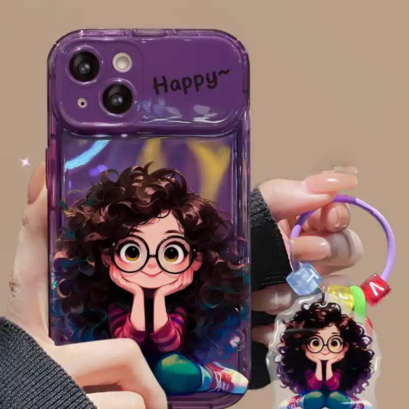 Curly Haired Girl Pendant iPhone Case With Flip Makeup Mirror Lens Protector Back Cover