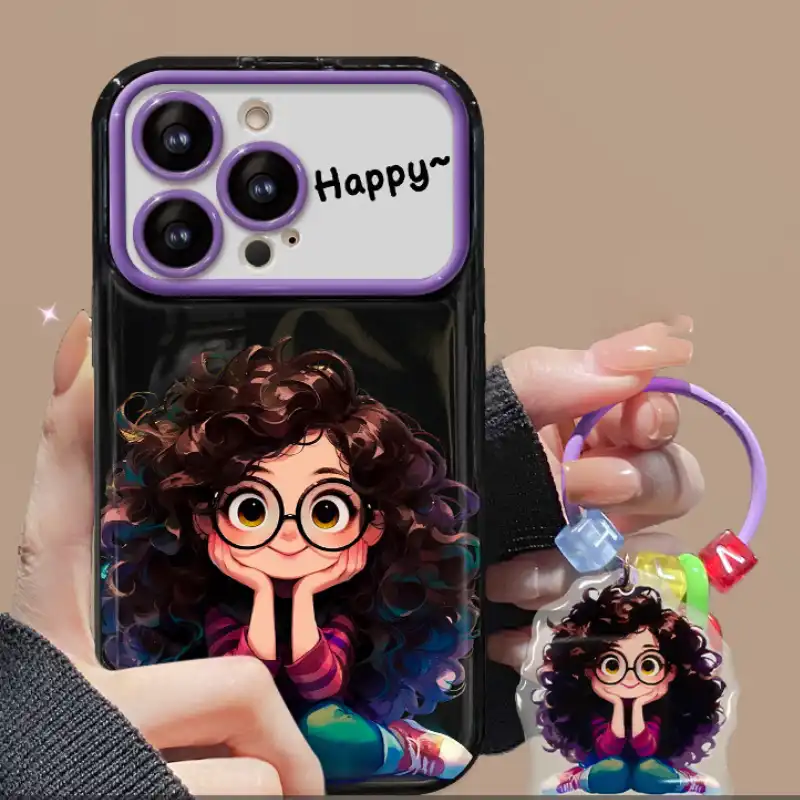Curly Haired Girl Pendant iPhone Case With Flip Makeup Mirror Lens Protector Back Cover