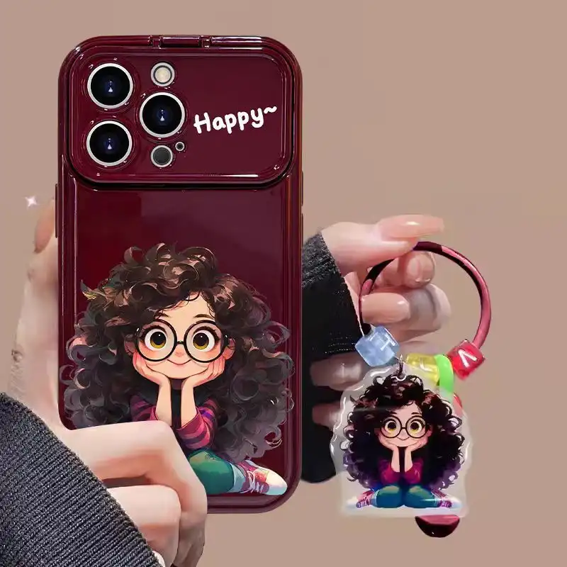 Curly Haired Girl Pendant iPhone Case With Flip Makeup Mirror Lens Protector Back Cover