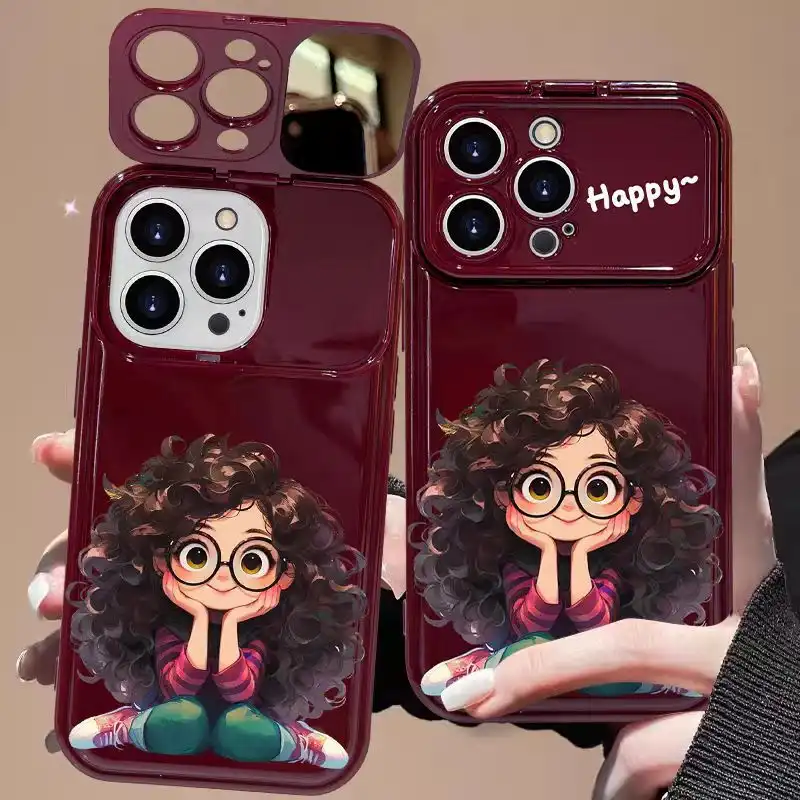 Curly Haired Girl Pendant iPhone Case With Flip Makeup Mirror Lens Protector Back Cover 4 Curly Haired Girl Pendant iPhone Case With Flip Makeup Mirror Lens Protector Back Cover