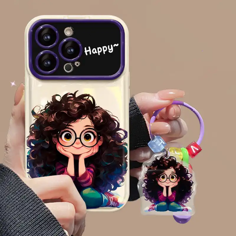 Curly Haired Girl Pendant iPhone Case With Flip Makeup Mirror Lens Protector Back Cover