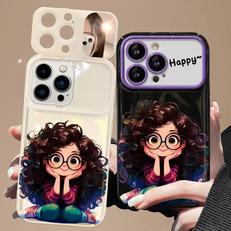 Curly Haired Girl Pendant iPhone Case With Flip Makeup Mirror Lens Protector Back Cover