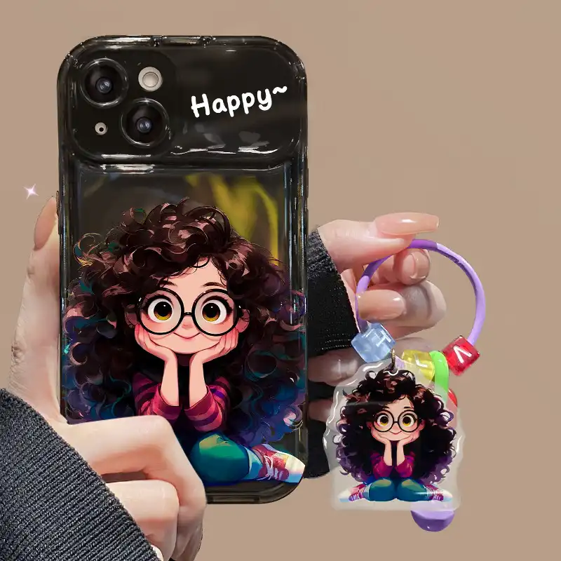 Curly Haired Girl Pendant iPhone Case With Flip Makeup Mirror Lens Protector Back Cover