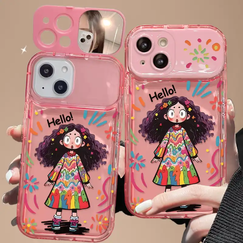 Curly Haired Surprised Girl Pendant Phone Case With Flip Makeup Mirror Lens Protector Back Cover 8 Curly Haired Surprised Girl Pendant Phone Case With Flip Makeup Mirror Lens Protector Back Cover