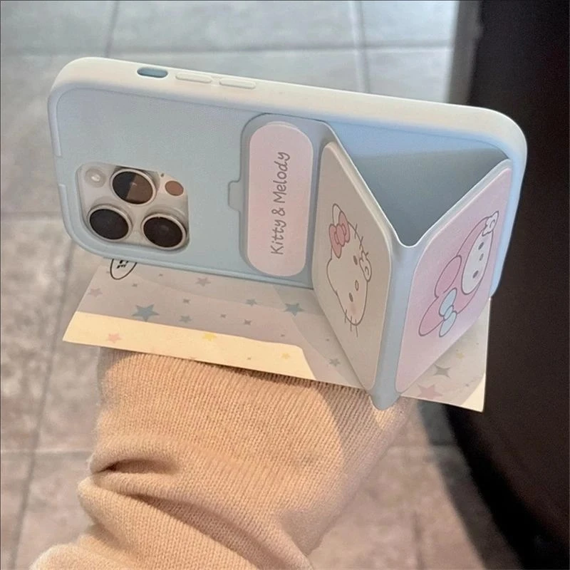Cute Cartoon Kitty Melody Foldable Phone Case 5 Cute 3D Plush Cat Back Cover For iPhone Case With Kitty Velvet Bracelet