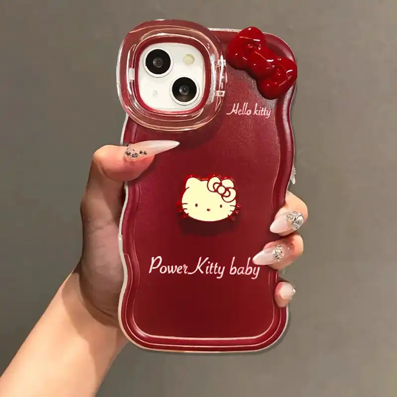 Cute Kitty Bow Heart Phone Case For iPhone Foldable Stand Back Cover