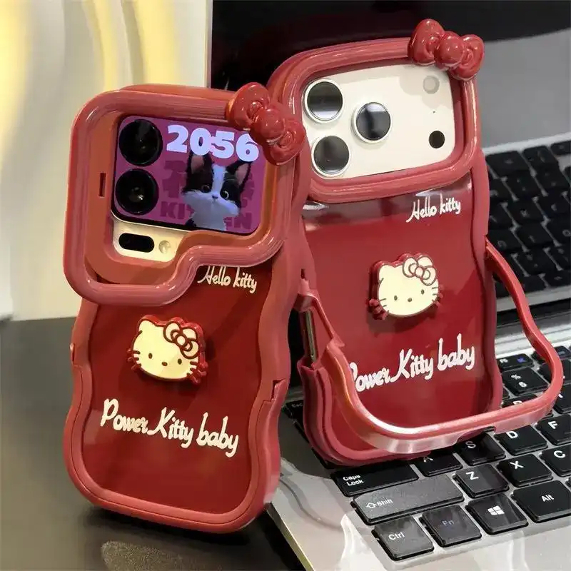 Cute Kitty Bow Heart Phone Case For iPhone Foldable Stand Back Cover