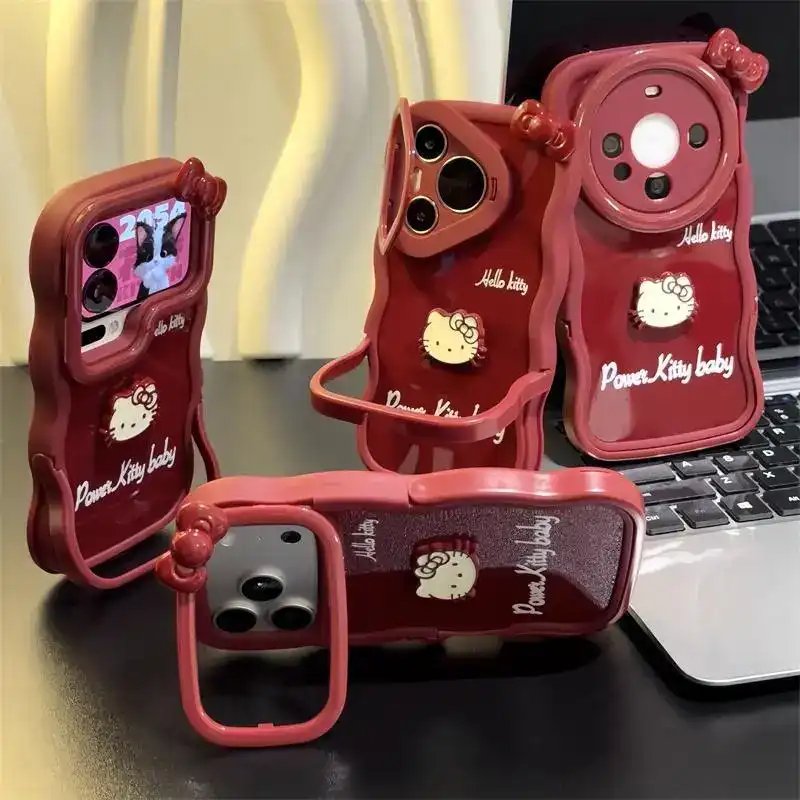 Cute Kitty Bow Heart Phone Case For iPhone Foldable Stand Back Cover
