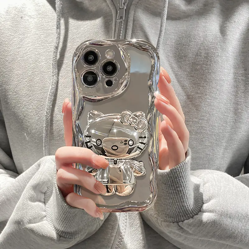 Cute Kitty Makeup Mirror Kickstand Silver Phone Case For iPhone