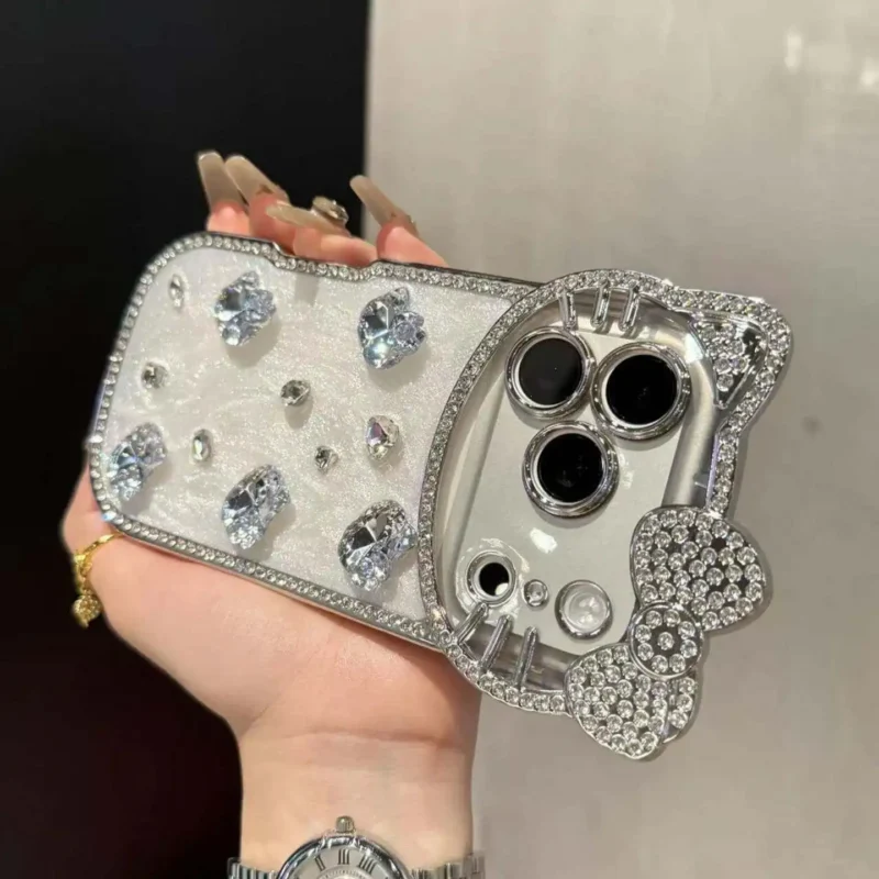 Glitter 3D Kitty Diamond Phone Case With Bow Back Cover 2-4 Glitter 3D Kitty Diamond Phone Case With Bow Back Cover