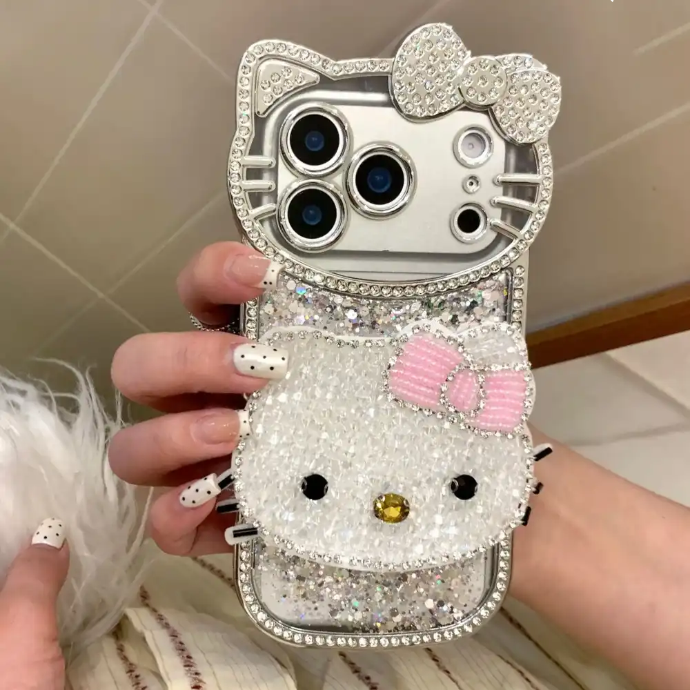 Glitter 3D Kitty Diamond Phone Case With Bow Back Cover 8 Glitter 3D Kitty Diamond Phone Case With Bow Back Cover